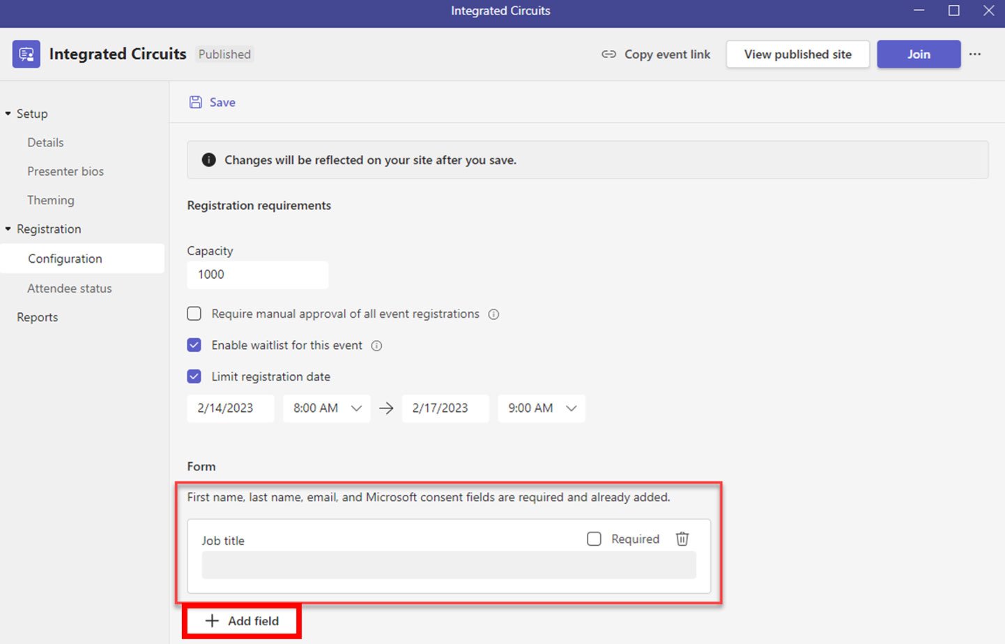 Webinar event registration configuration​​​ screenshot 2